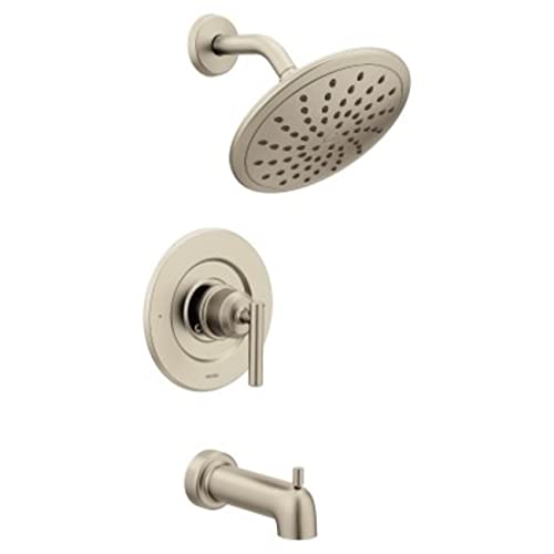 Brushed nickel shower trim kit with wide rain showerhead, lever handle valve, and tub spout.
