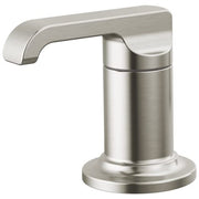 Stainless steel Roman tub handle with curved lever spout and cylindrical base in brushed finish.