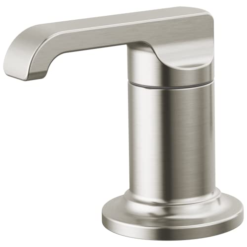 Stainless steel Roman tub handle with curved lever spout and cylindrical base in brushed finish.