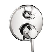 Round brushed nickel thermostatic shower valve trim with two circular control handles and diverter lever.