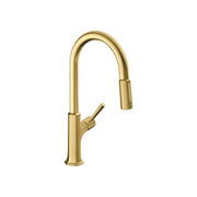 Brushed gold high-arc kitchen faucet with pull-down spray head and single lever handle.