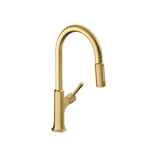 Brushed gold high-arc kitchen faucet with pull-down spray head and single lever handle.