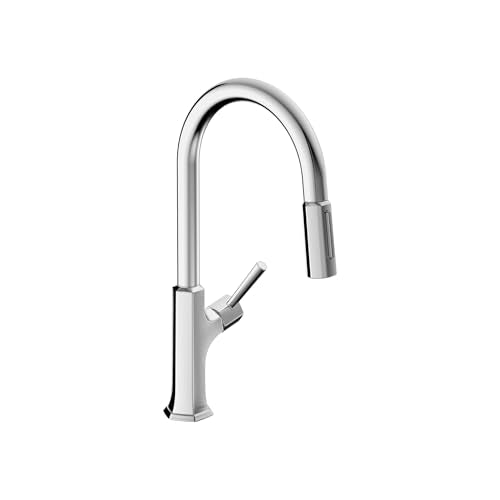 Chrome kitchen faucet with high arc spout, pull-down spray head, and single lever handle.