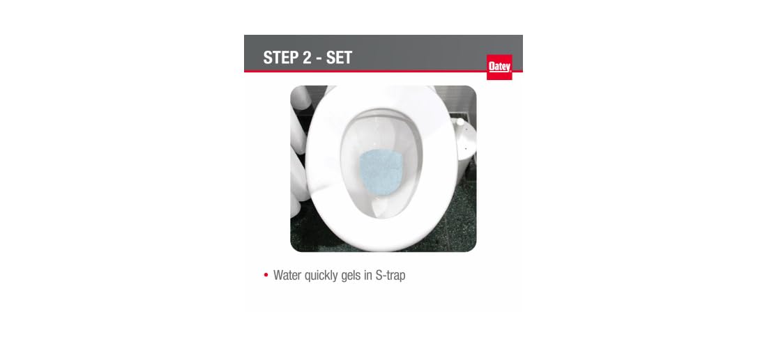 Two tubes of Oatey LiquidLoc gel positioned next to a white toilet bowl showing blue gel application.