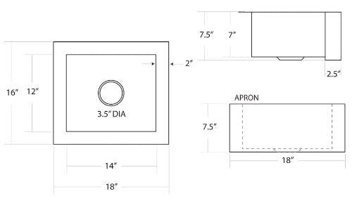 Hammered copper undermount bar sink with 3.5-inch drain opening and apron front, 18 inches wide by 16 inches deep.