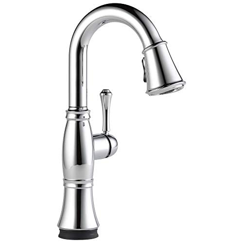 Chrome single-handle pull-down kitchen faucet with curved spout and lever control.