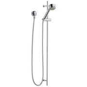 Chrome slide bar hand shower system with adjustable holder and curved hose on vertical rail.