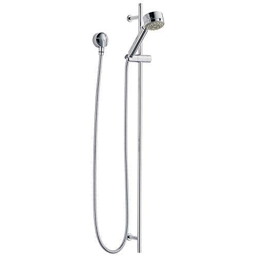 Chrome slide bar hand shower system with adjustable holder and curved hose on vertical rail.
