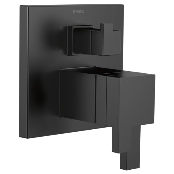 Matte black thermostatic valve trim with square handles and diverter control on rectangular escutcheon plate.