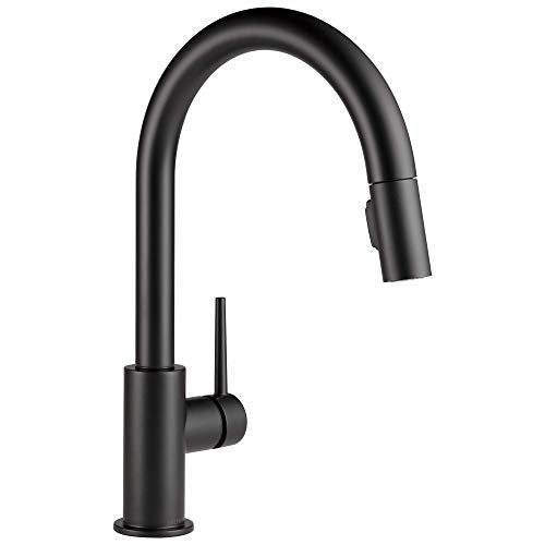 Black pull-down kitchen faucet with single handle and curved spout.