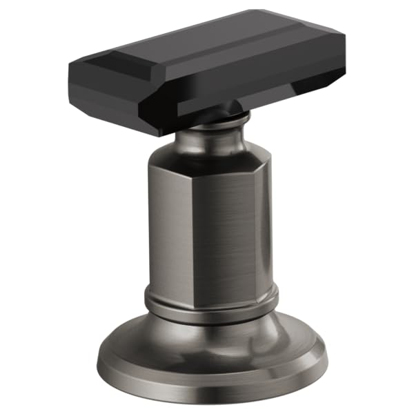 Black crystal knob handle with cylindrical metal base and round pedestal for widespread lavatory faucet.