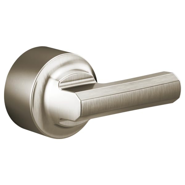Brizo Levoir pressure balance valve trim with brushed nickel lever handle and circular escutcheon plate.