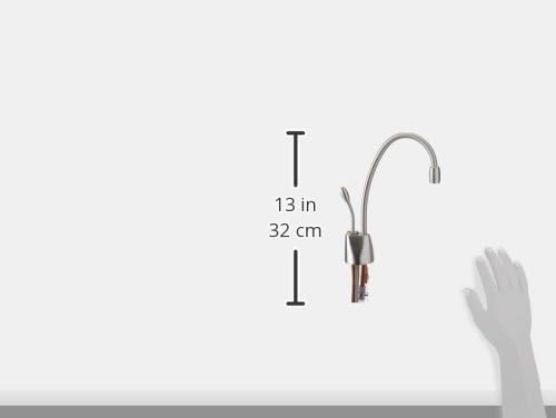 Satin nickel instant hot water dispenser faucet with curved spout and height measurement of 13 inches.