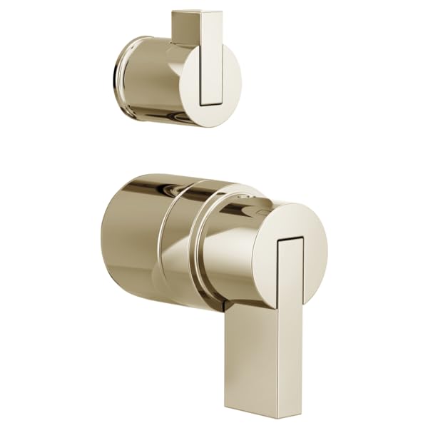 Chrome and brushed nickel pressure balance valve trim with rectangular lever handles and integrated diverter in two views.