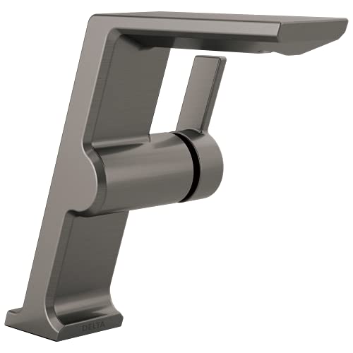 Modern brushed gray single-handle bathroom faucet with angular base and curved spout.