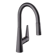 Brushed black chrome high-arc kitchen faucet with pull-down sprayer and single lever handle.
