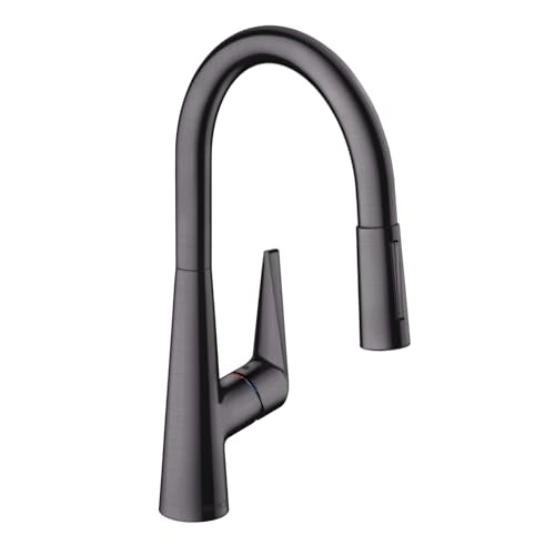 Brushed black chrome high-arc kitchen faucet with pull-down sprayer and single lever handle.