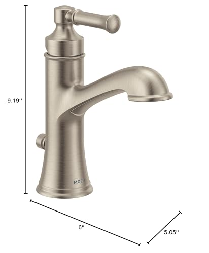 Brushed nickel single-handle bathroom sink faucet with curved spout and lever control, 9.19 inches tall.