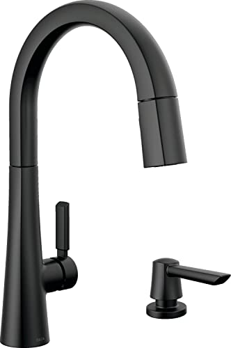Black pull-down kitchen faucet with single handle lever and curved spout with matching soap dispenser.