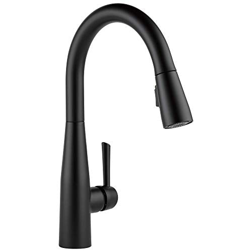 Black single-handle kitchen faucet with curved spout and pull-down spray head.