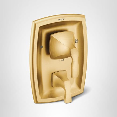 Moen Voss brushed gold shower valve trim with lever handle and diverter control.