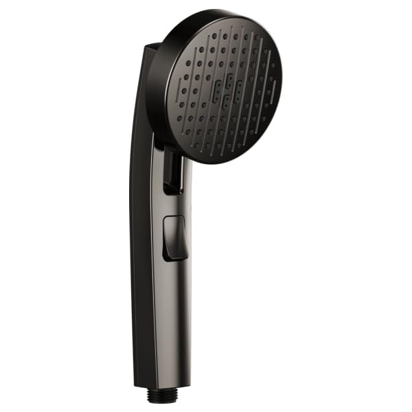 Black and gray handheld showerhead with circular perforated faceplate and control button on handle.