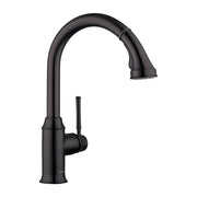 Matte black high-arc kitchen faucet with pull-down spray head and single handle.