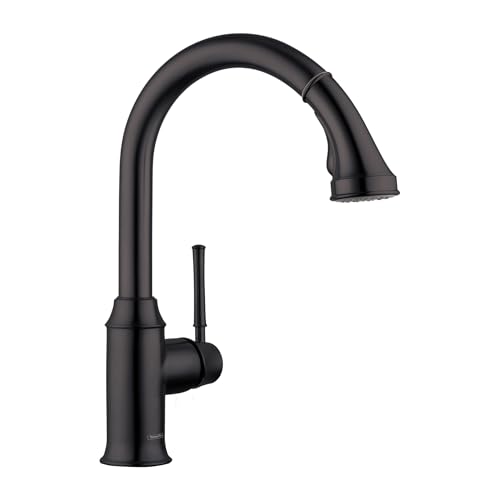 Matte black high-arc kitchen faucet with pull-down spray head and single handle.