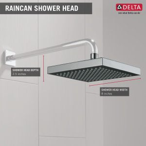 Stainless steel raincan shower head with square faceplate mounted to ceiling with dimension labels.