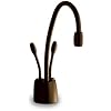 Oil rubbed bronze instant hot and cold water faucet with curved spout and black base.
