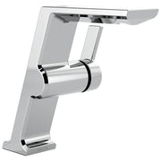 Chrome single-handle vessel faucet with angled spout and geometric base design.