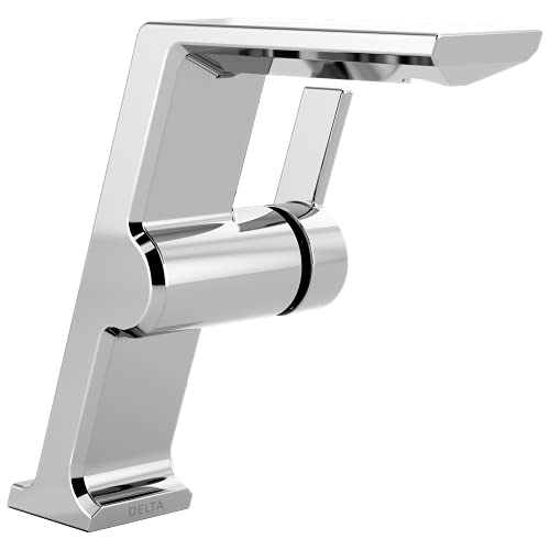 Chrome single-handle vessel faucet with angled spout and geometric base design.