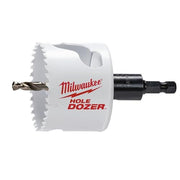 Milwaukee HOLE DOZER 2-1/2" bi-metal hole saw with white cup body, serrated edge, and black arbor shaft.