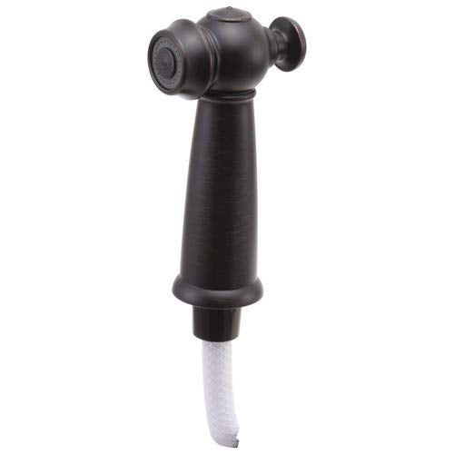 Venetian bronze side spray and hose assembly with ornate spherical head and tapered handle connected to white hose.