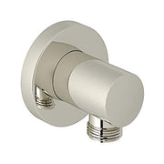 Polished nickel handshower outlet with round backplate and cylindrical valve body with threaded connection.