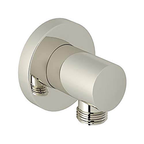 Polished nickel handshower outlet with round backplate and cylindrical valve body with threaded connection.