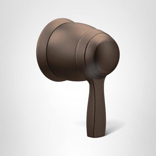 Old world bronze volume control valve trim with rounded cylindrical body and lever handle.