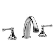 Three-piece roman tub faucet with arched center spout and lever handles in polished chrome finish.