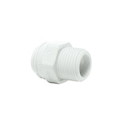 White polypropylene male connector with 3/8" and 1/2" threaded ends.