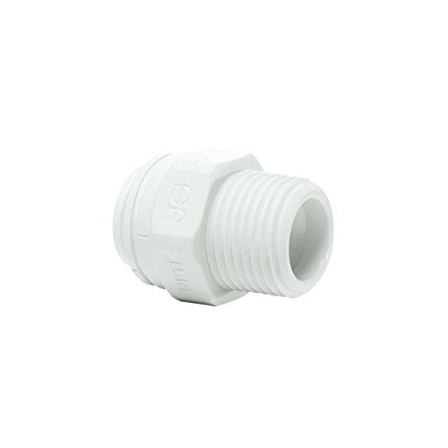 White polypropylene male connector with 3/8" and 1/2" threaded ends.