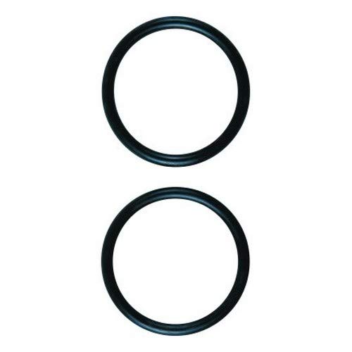 Two black rubber o-rings stacked vertically on white background.