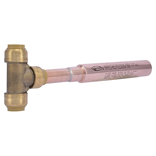 Brass tee-shaped water hammer arrestor with push-to-connect fittings and copper tube extension.