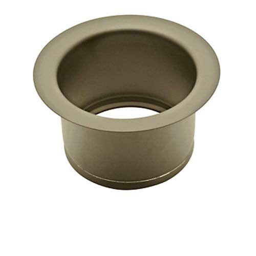 Satin nickel disposal flange with cylindrical body and wide rim, viewed from above at an angle.