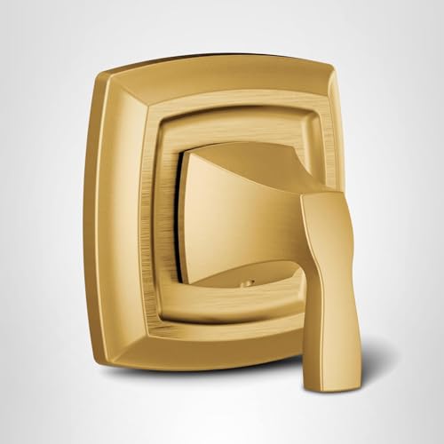Brushed gold single-handle shower valve trim with curved square escutcheon plate and lever handle.