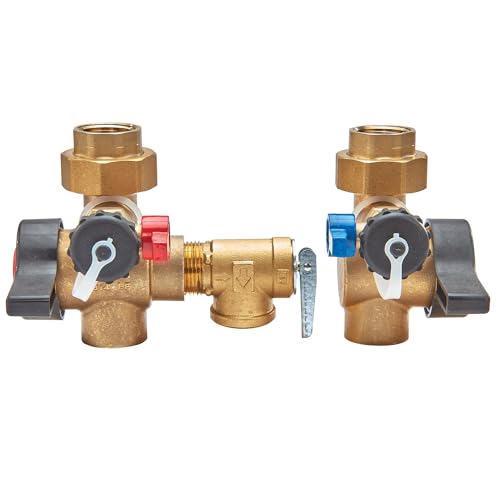 Brass tankless valve set with two shut-off valves, relief valve, and 3/4 inch female NPT connections.