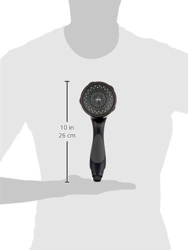Venetian bronze hand shower with round head and black grip handle, 10 inches long.