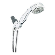 Chrome hand shower with 7-setting spray pattern, mounted on flexible hose with wall bracket.