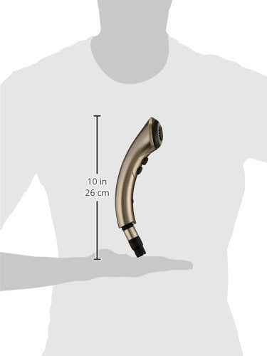 Curved pull-out wand spray head in brushed stainless steel with black grip, 10 inches long, shown with size reference.