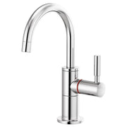 Chrome instant hot faucet with curved arc spout and single handle lever, featuring red accent band on body.