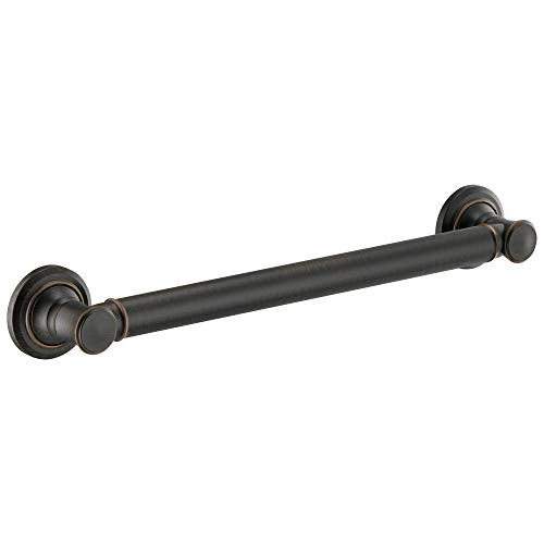 Black cylindrical grab bar with round wall-mounted flanges on each end.
